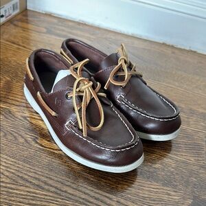 Sperry Brown and White Boat Shoes with Moccasin Stitching